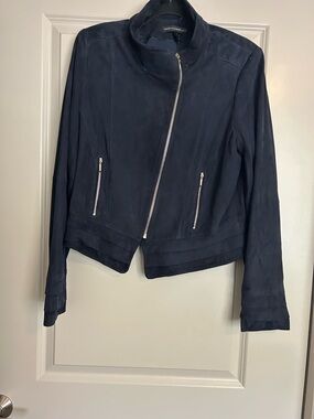 White House Black Market Navy Suede Asymmetrical Zip Bomber Jacket